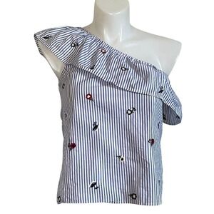 Abercrombie & Fitch Womens Blue White Striped Floral One Shoulder Top Blouse M